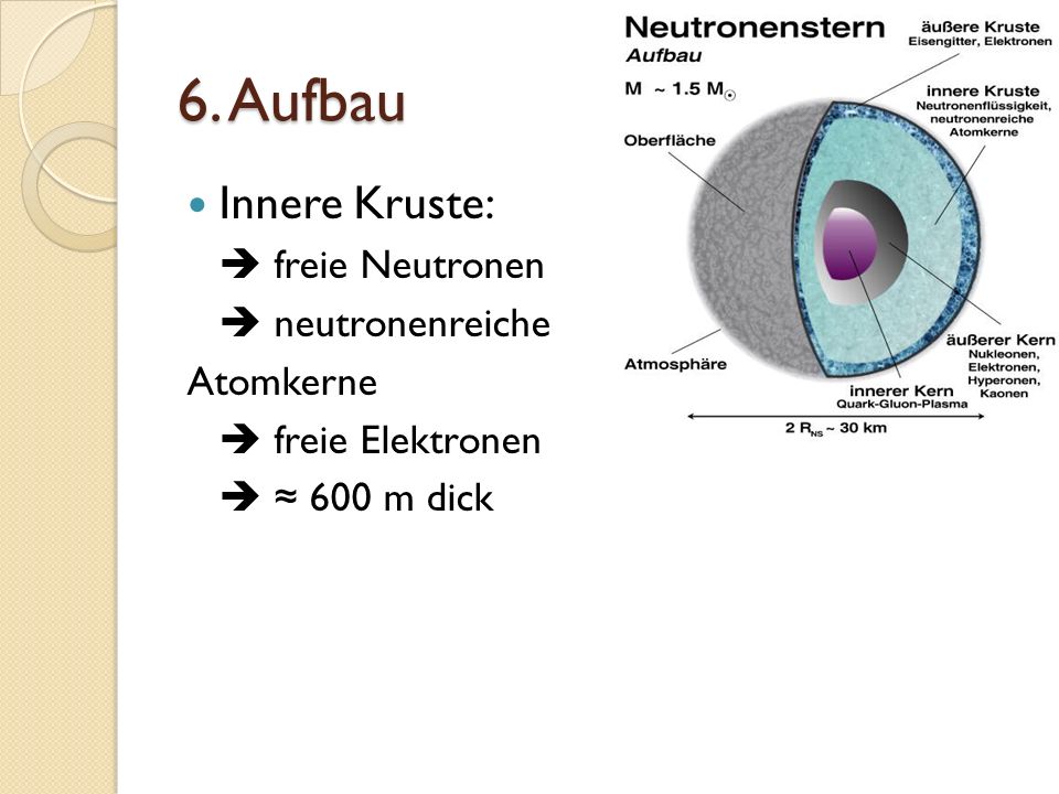 6. Aufbau Innere Kruste:  freie Neutronen  neutronenreiche Atomkerne