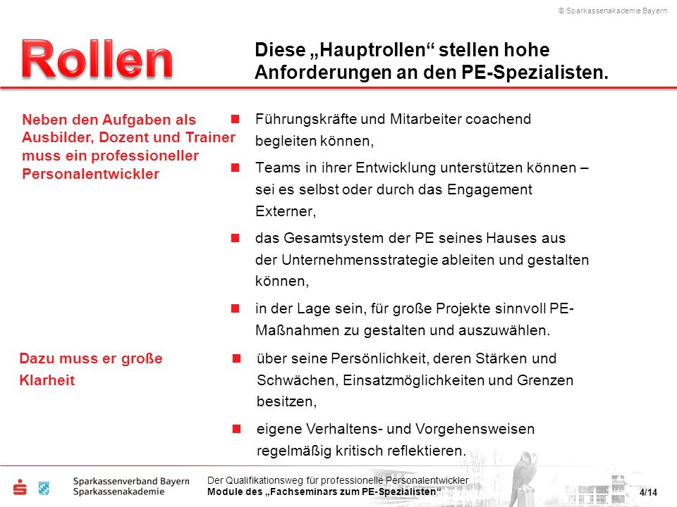 Rollen Diese „Hauptrollen stellen hohe Anforderungen an den PE-Spezialisten.