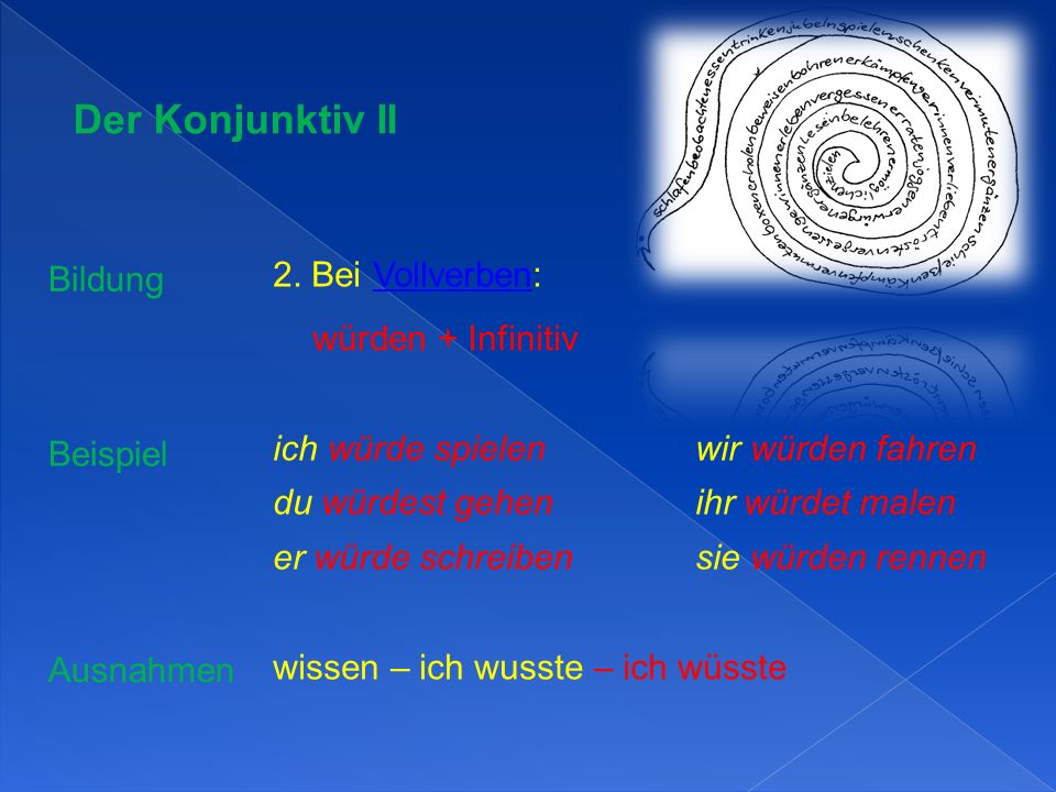 Der Konjunktiv II 2. Bei Vollverben: Bildung würden + Infinitiv