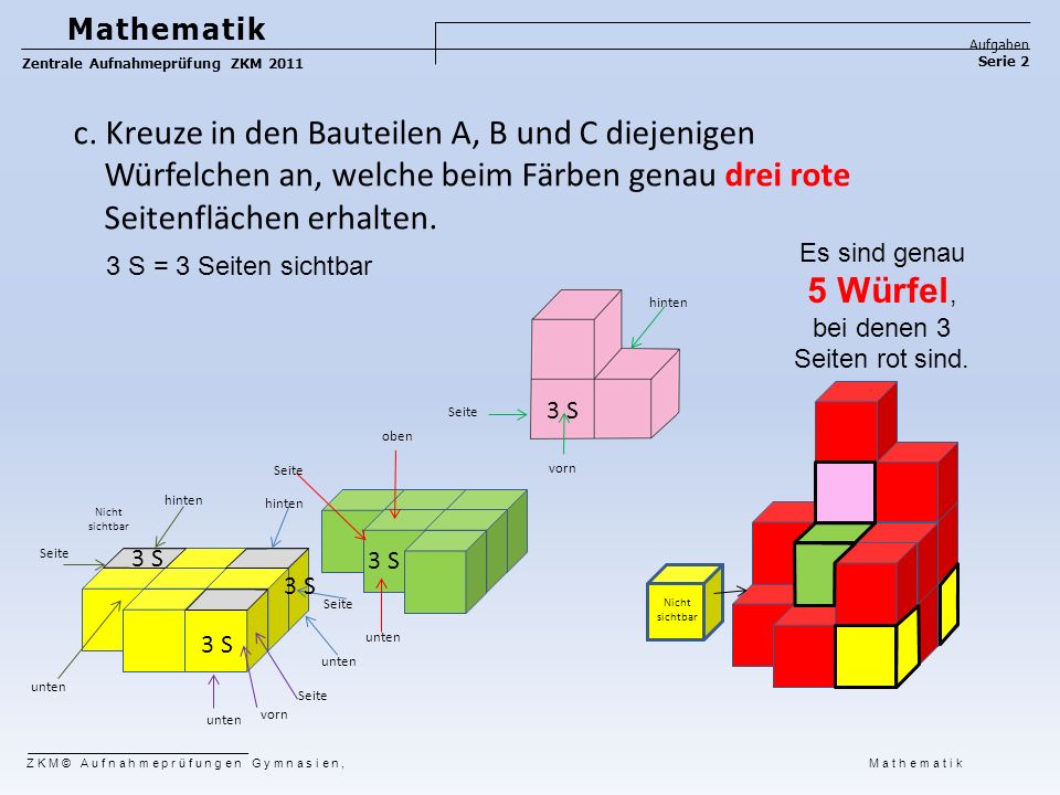 Es sind genau 5 Würfel, bei denen 3 Seiten rot sind.