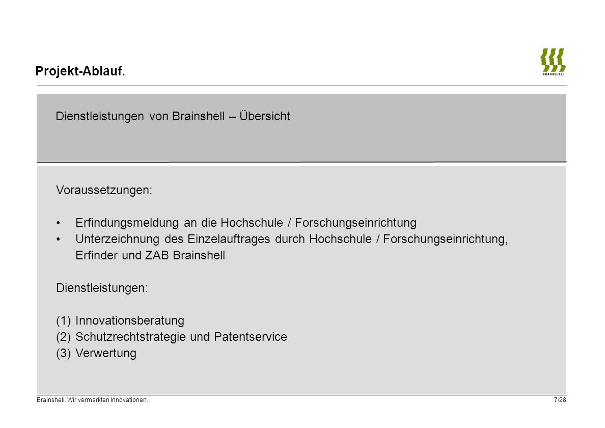 Projekt-Ablauf. Dienstleistungen von Brainshell – Übersicht. Voraussetzungen: Erfindungsmeldung an die Hochschule / Forschungseinrichtung.