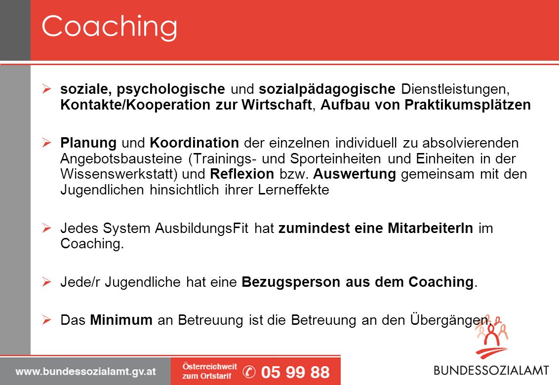 Coaching soziale, psychologische und sozialpädagogische Dienstleistungen, Kontakte/Kooperation zur Wirtschaft, Aufbau von Praktikumsplätzen.