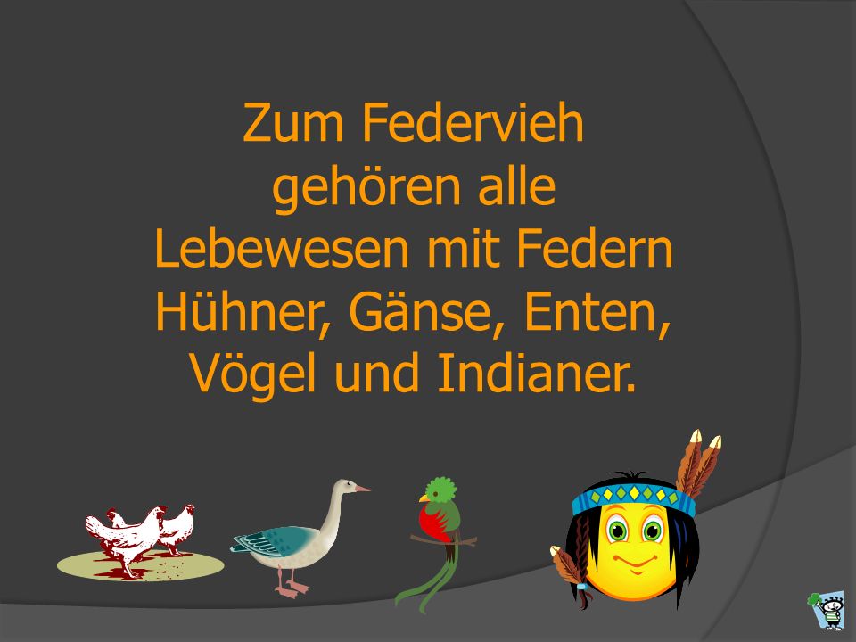 Zum Federvieh gehören alle Lebewesen mit Federn Hühner, Gänse, Enten,