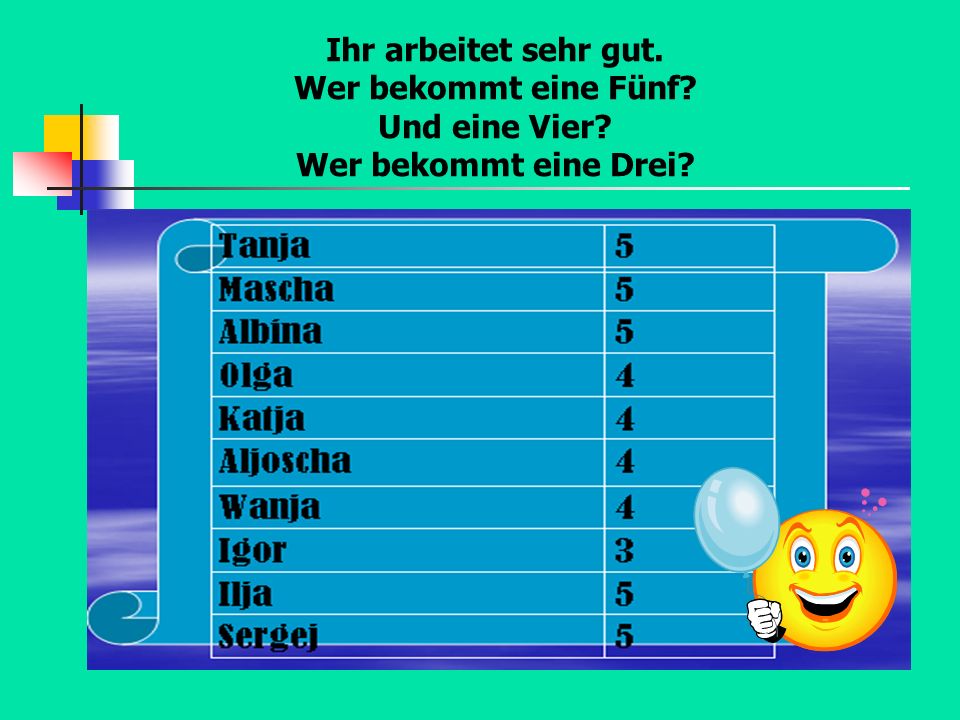 Ihr arbeitet sehr gut. Wer bekommt eine Fünf Und eine Vier Wer bekommt eine Drei