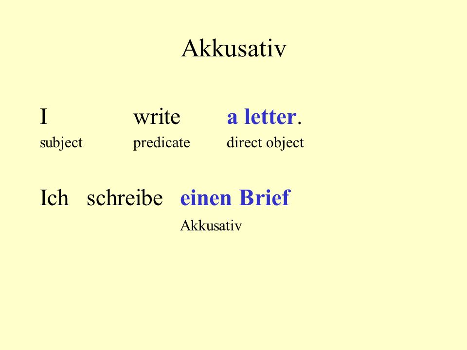 Akkusativ I write a letter. Ich schreibe einen Brief Akkusativ