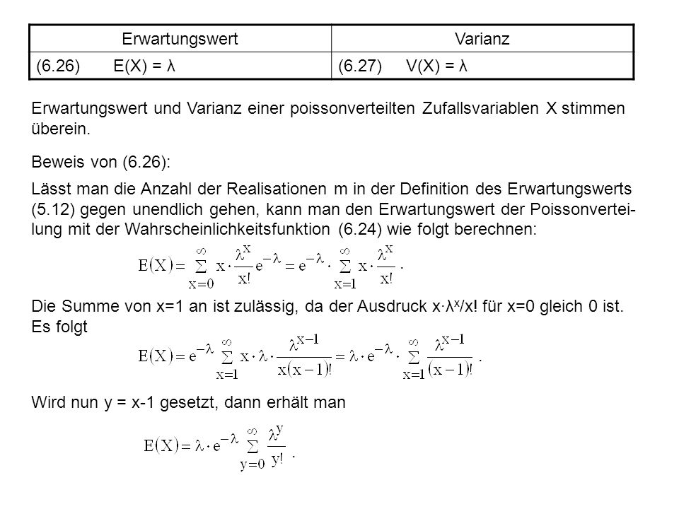 Erwartungswert Varianz. (6.26) E(X) = λ. (6.27) V(X) = λ.