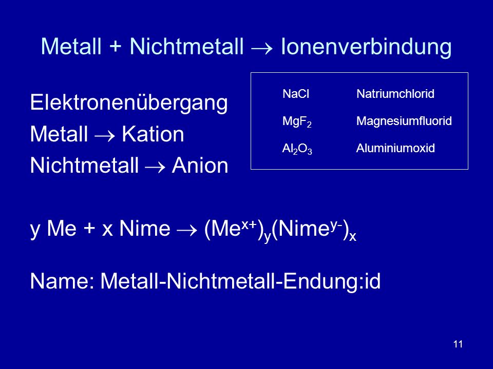 Metall + Nichtmetall  Ionenverbindung