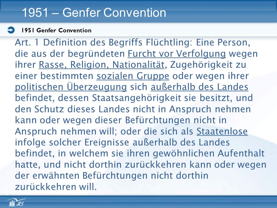1951 – Genfer Convention 1951 Genfer Convention. Art. 1 Definition des Begriffs Flüchtling: Eine Person,