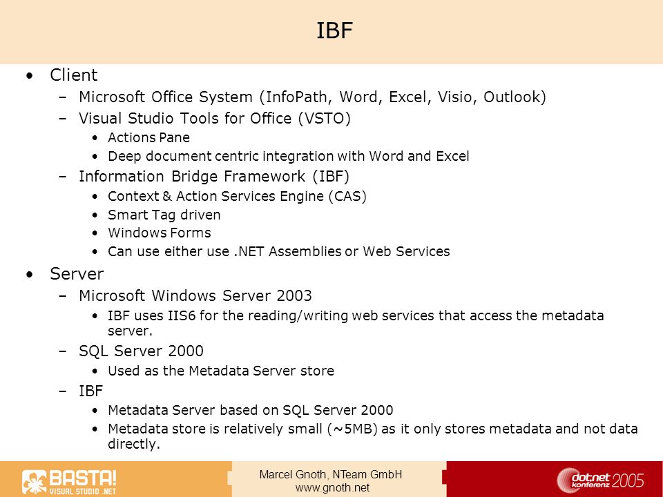 IBF Client. Microsoft Office System (InfoPath, Word, Excel, Visio, Outlook) Visual Studio Tools for Office (VSTO)