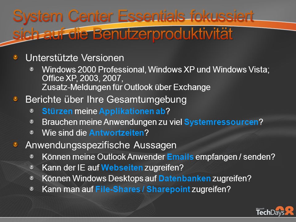 System Center Essentials fokussiert sich auf die Benutzerproduktivität