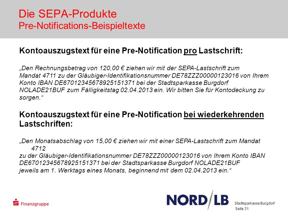 Die SEPA-Produkte Pre-Notifications-Beispieltexte