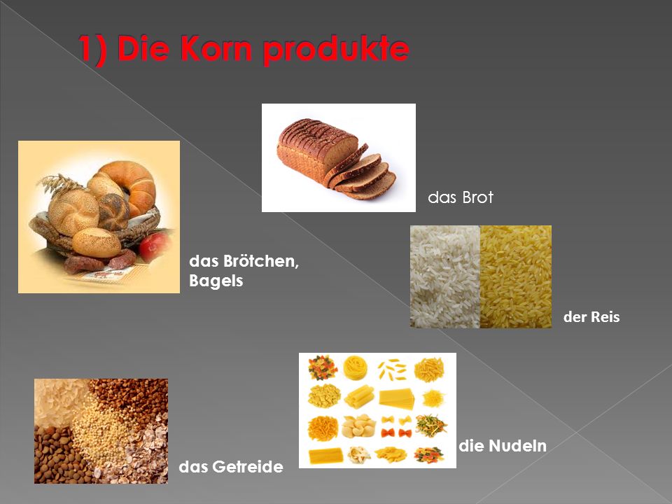 1) Die Korn produkte das Brot das Brötchen, Bagels der Reis die Nudeln