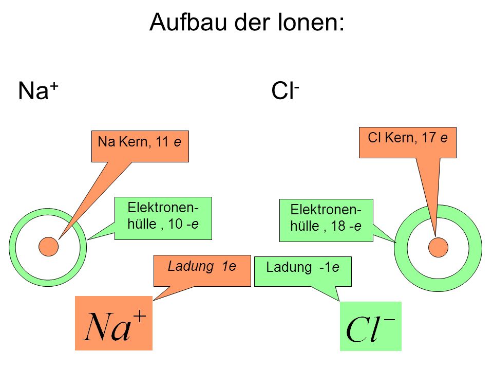 Aufbau der Ionen: Na+ Cl- Cl Kern, 17 e Na Kern, 11 e