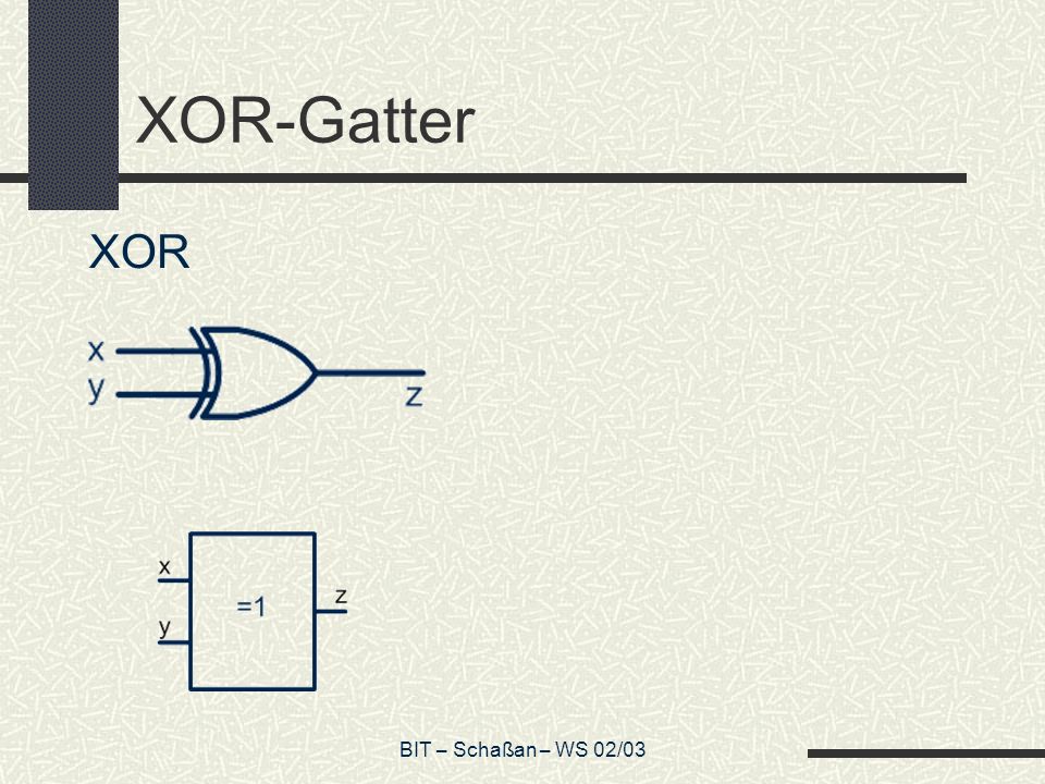 XOR-Gatter XOR Vgl. Folie 75! 2 Schalter BIT – Schaßan – WS 02/03