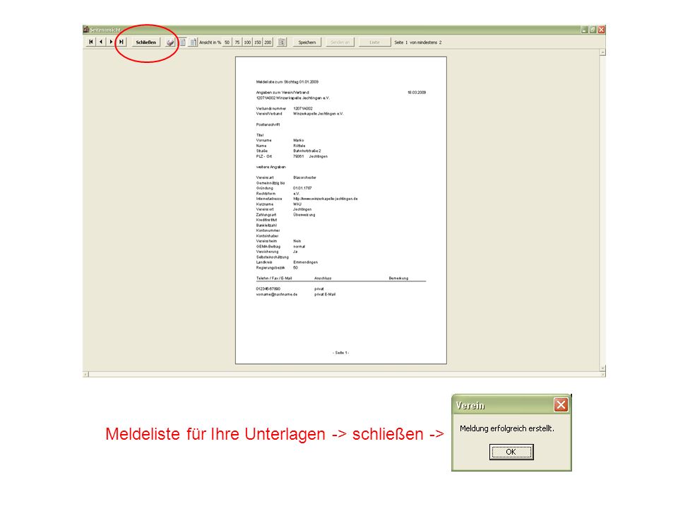 Meldeliste für Ihre Unterlagen -> schließen ->