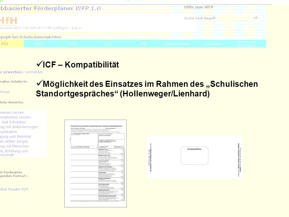 ICF – Kompatibilität Möglichkeit des Einsatzes im Rahmen des „Schulischen Standortgespräches (Hollenweger/Lienhard)