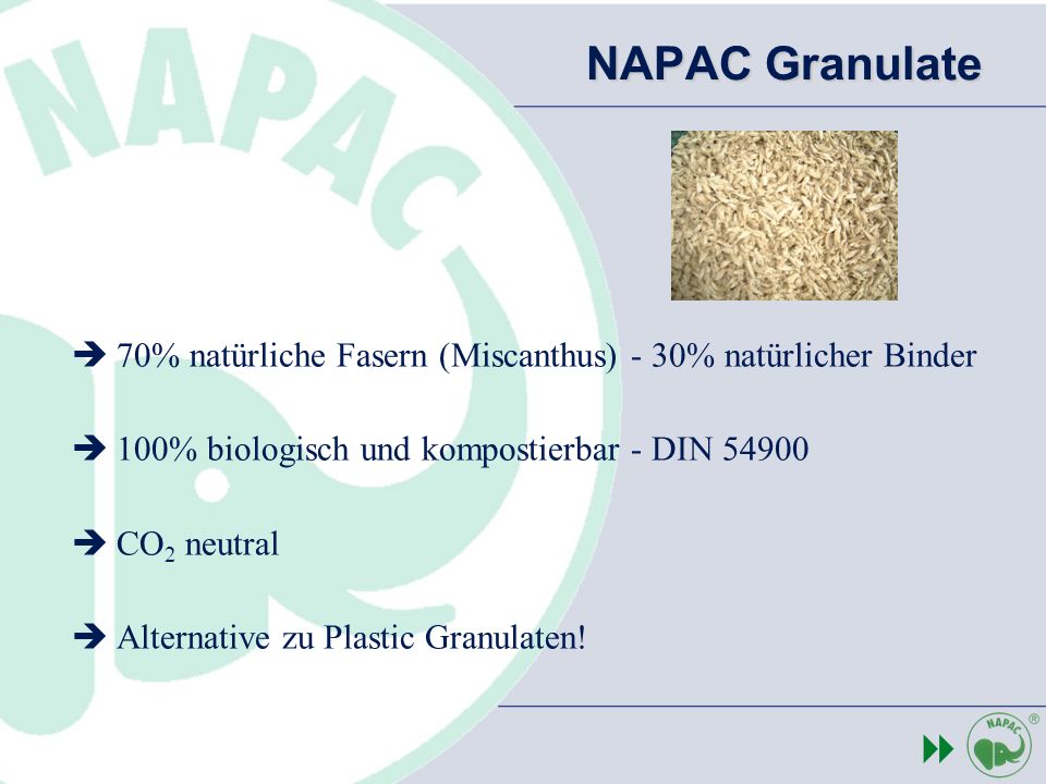 NAPAC Granulate 70% natürliche Fasern (Miscanthus) - 30% natürlicher Binder. 100% biologisch und kompostierbar - DIN