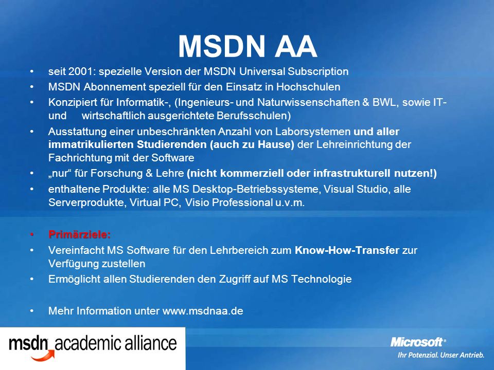 MSDN AA seit 2001: spezielle Version der MSDN Universal Subscription