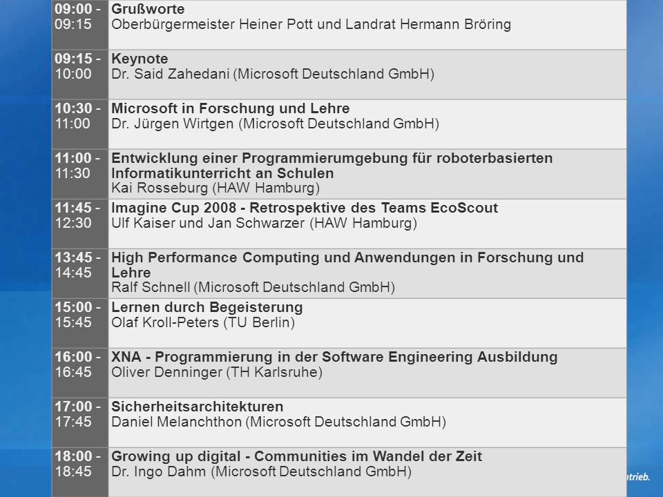 09: :15 Grußworte. Oberbürgermeister Heiner Pott und Landrat Hermann Bröring. 09: :00.