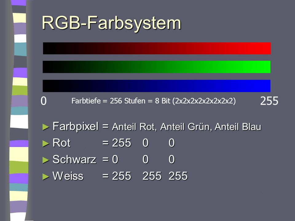 RGB-Farbsystem 255 Farbpixel = Anteil Rot, Anteil Grün, Anteil Blau