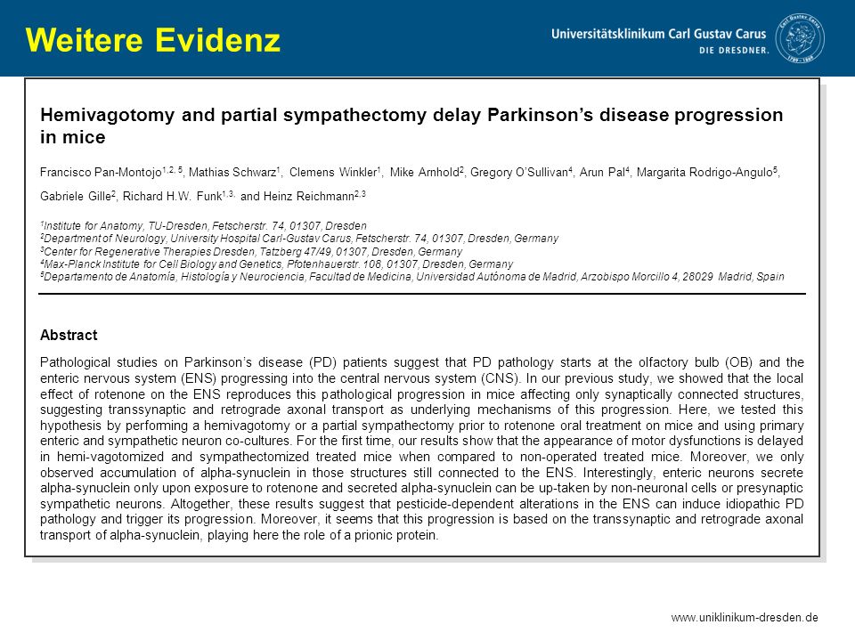 Weitere Evidenz Hemivagotomy and partial sympathectomy delay Parkinson’s disease progression in mice.