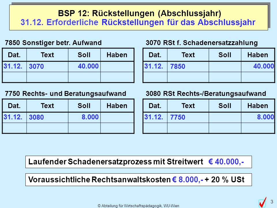 Erforderliche Rückstellungen für das Abschlussjahr
