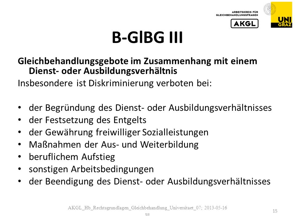 B-GlBG III Gleichbehandlungsgebote im Zusammenhang mit einem Dienst- oder Ausbildungsverhältnis. Insbesondere ist Diskriminierung verboten bei: