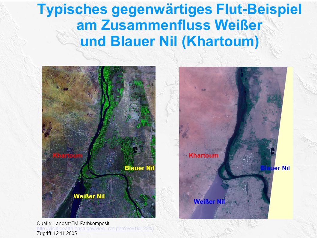 Typisches gegenwärtiges Flut-Beispiel am Zusammenfluss Weißer und Blauer Nil (Khartoum)