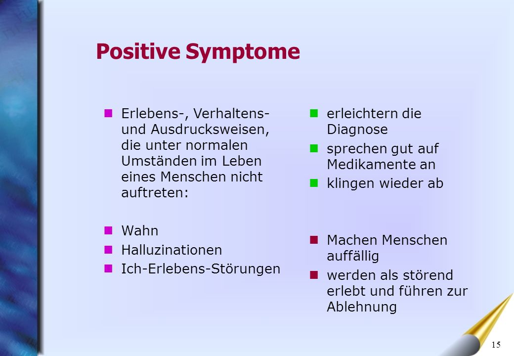 Positive Symptome Erlebens-, Verhaltens- und Ausdrucksweisen, die unter normalen Umständen im Leben eines Menschen nicht auftreten: