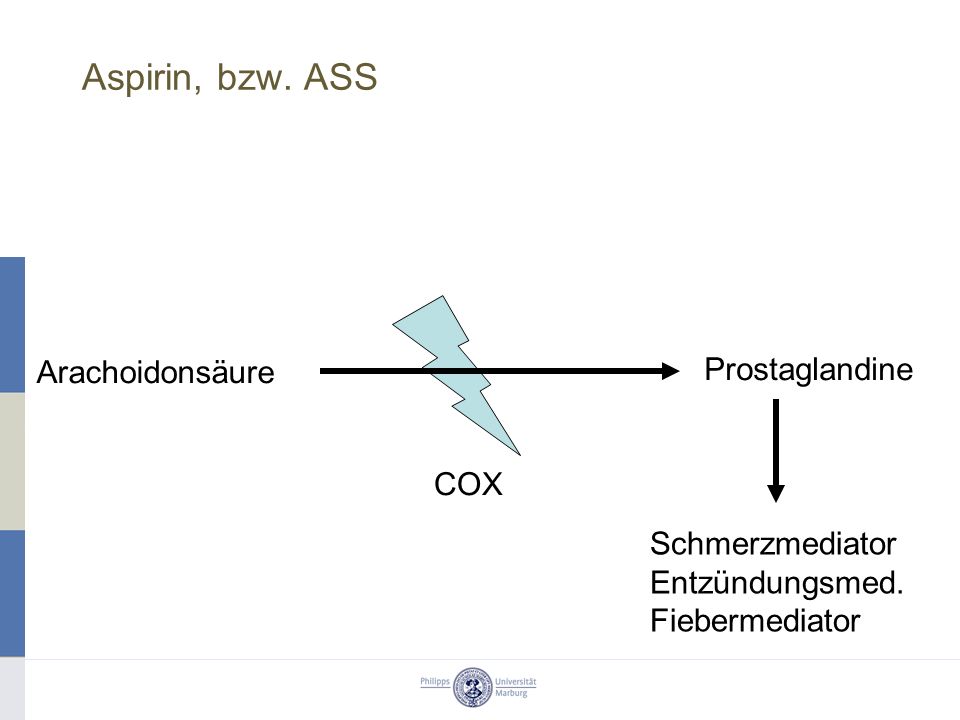 Aspirin, bzw. ASS Arachoidonsäure Prostaglandine COX Schmerzmediator