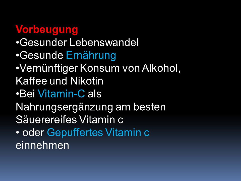 Vorbeugung Gesunder Lebenswandel. Gesunde Ernährung. Vernünftiger Konsum von Alkohol, Kaffee und Nikotin.