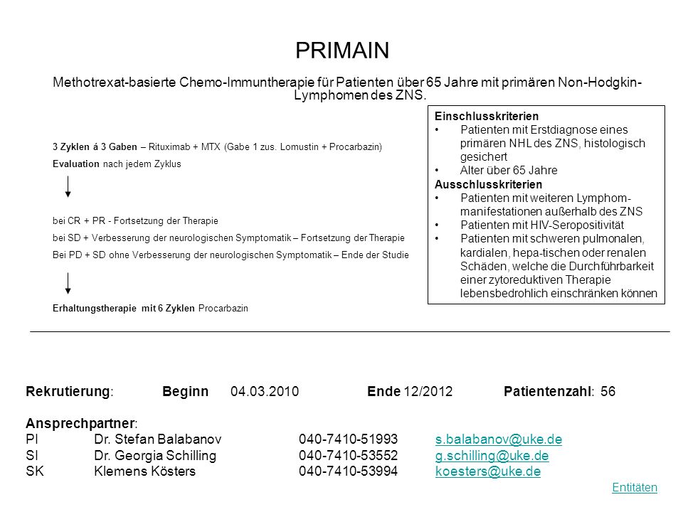 PRIMAIN Methotrexat-basierte Chemo-Immuntherapie für Patienten über 65 Jahre mit primären Non-Hodgkin-Lymphomen des ZNS.