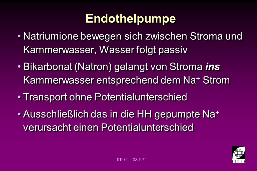 Endothelpumpe Natriumione bewegen sich zwischen Stroma und Kammerwasser, Wasser folgt passiv.
