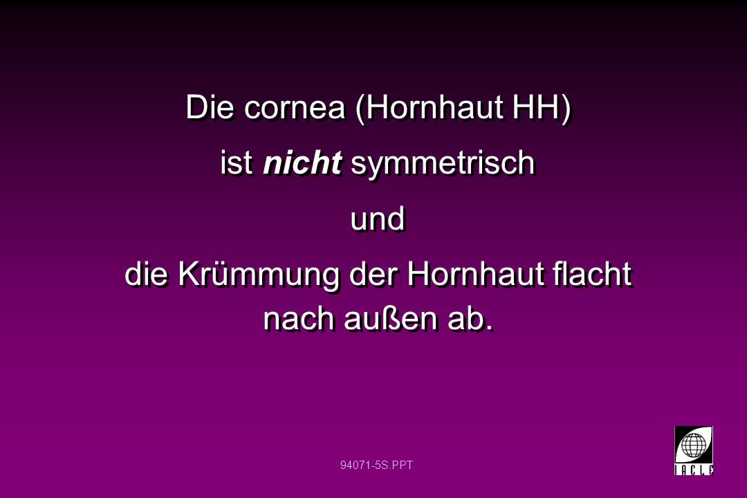 Die cornea (Hornhaut HH) ist nicht symmetrisch und