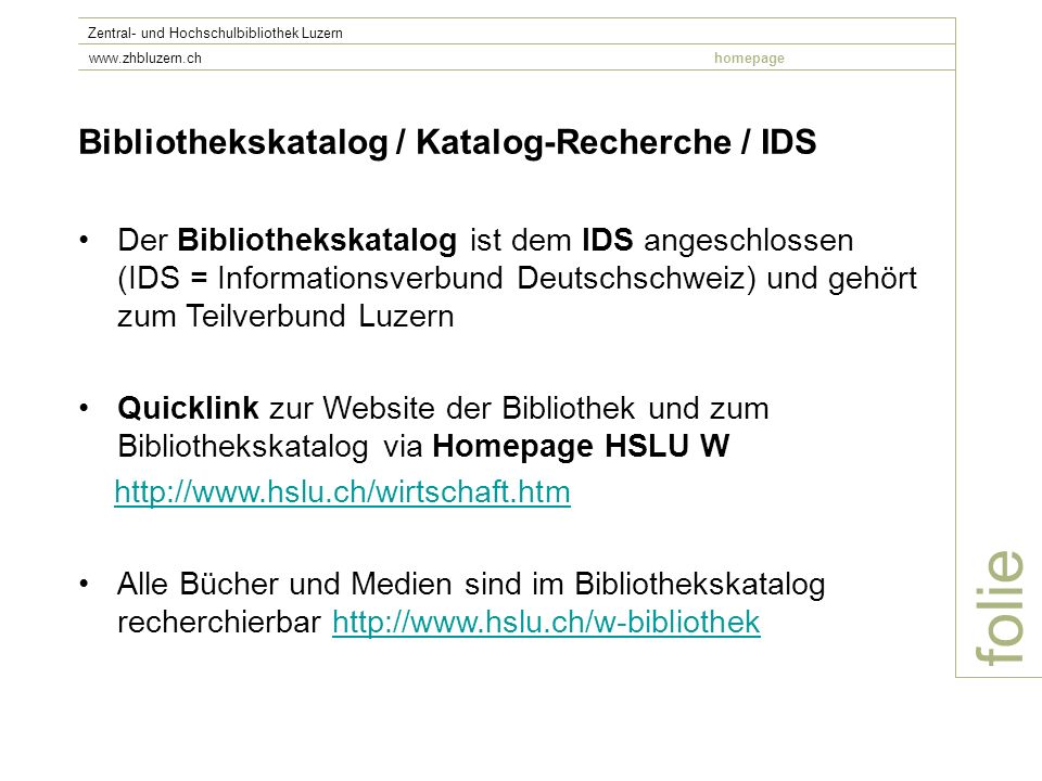 folie Bibliothekskatalog / Katalog-Recherche / IDS