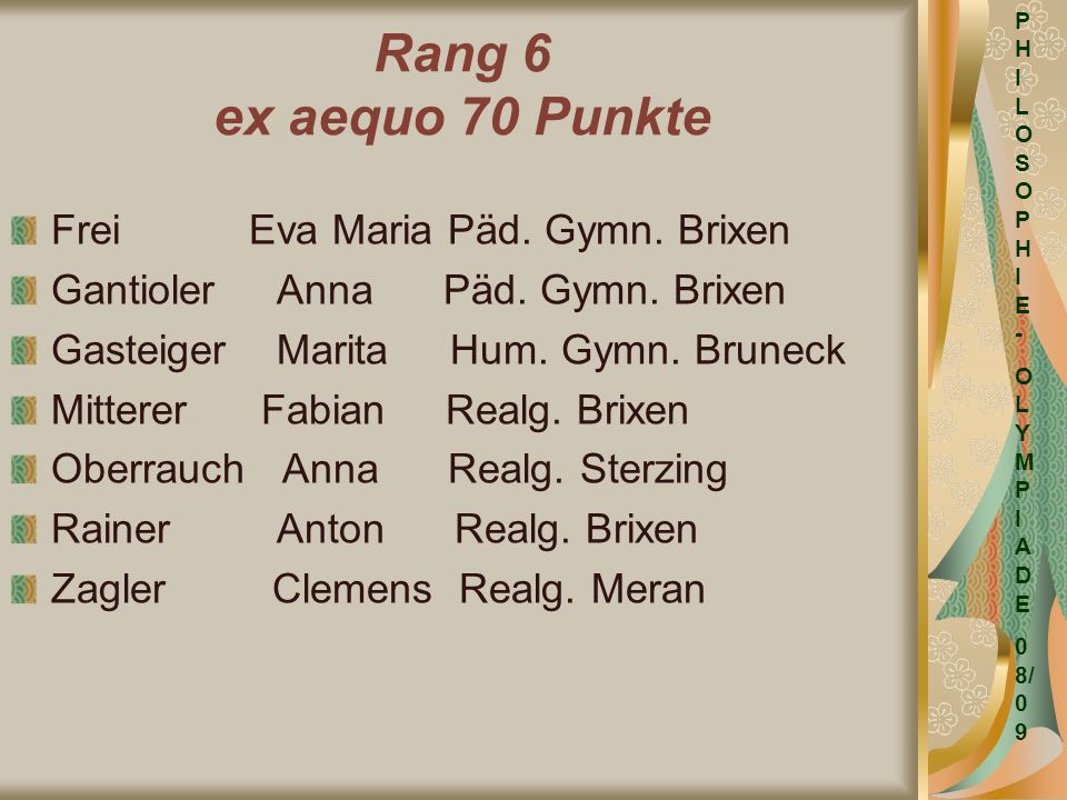 Rang 6 ex aequo 70 Punkte Frei Eva Maria Päd. Gymn. Brixen