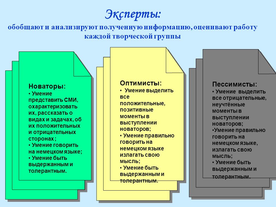 Эксперты: обобщают и анализируют полученную информацию, оценивают работу каждой творческой группы