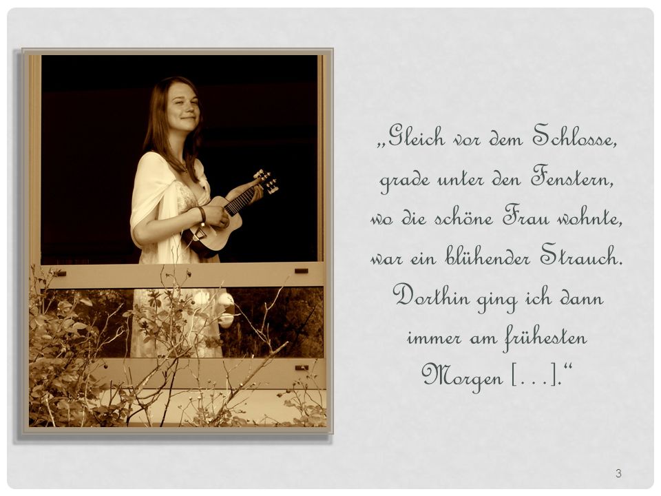 „Gleich vor dem Schlosse, grade unter den Fenstern, wo die schöne Frau wohnte, war ein blühender Strauch.
