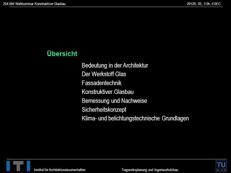 Übersicht Bedeutung in der Architektur. Der Werkstoff Glas. Fassadentechnik. Konstruktiver Glasbau.