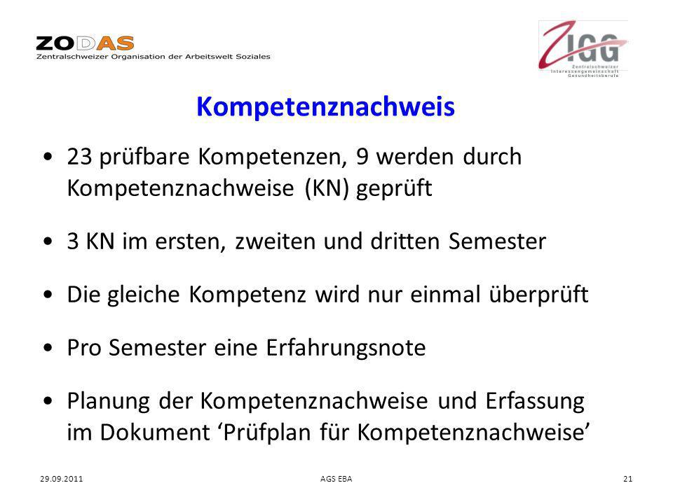 Kompetenznachweis 23 prüfbare Kompetenzen, 9 werden durch Kompetenznachweise (KN) geprüft. 3 KN im ersten, zweiten und dritten Semester.