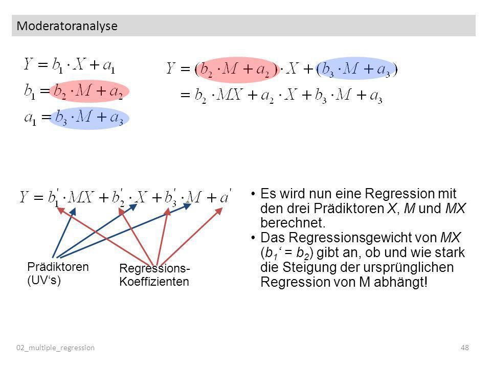 Moderatoranalyse Es wird nun eine Regression mit den drei Prädiktoren X, M und MX berechnet.