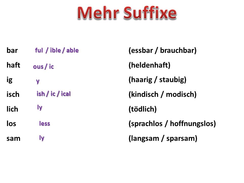 Mehr Suffixe bar (essbar / brauchbar) haft (heldenhaft)