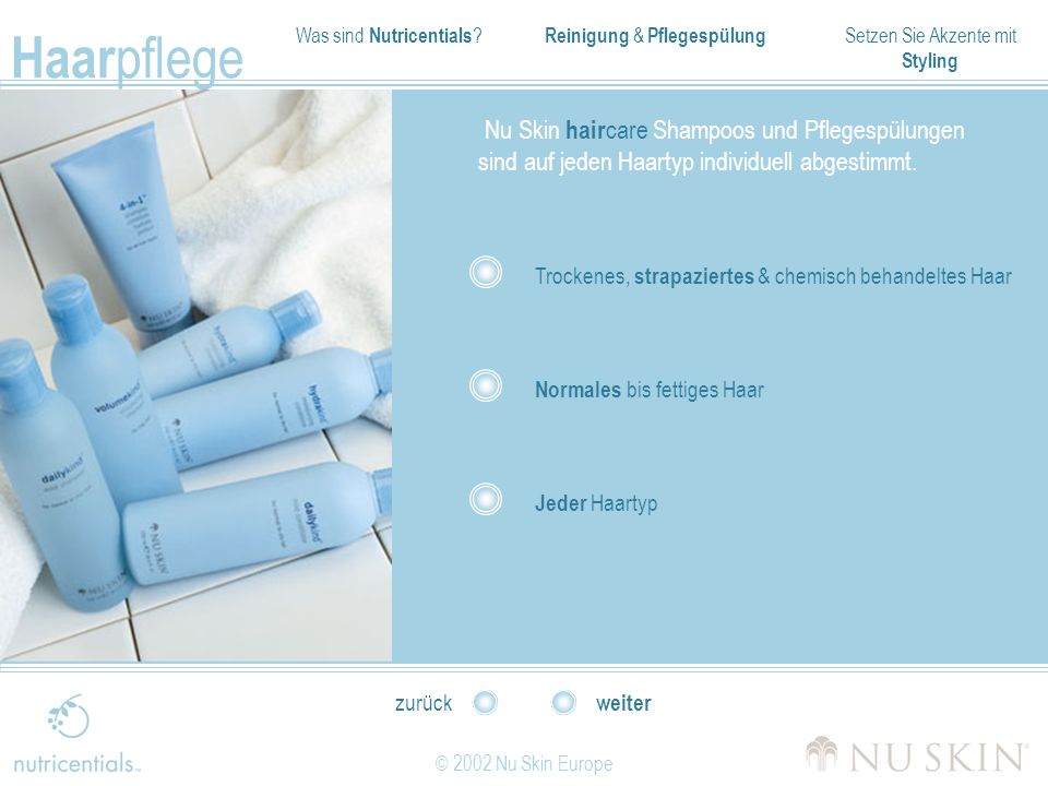 Nu Skin haircare Shampoos und Pflegespülungen sind auf jeden Haartyp individuell abgestimmt.