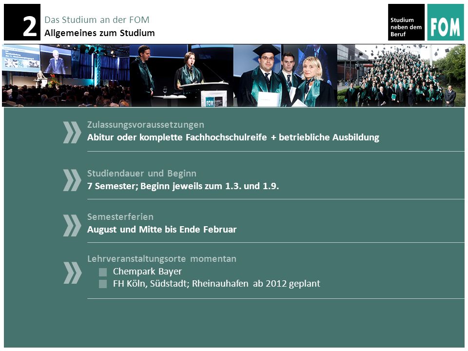 Das Studium an der FOM Allgemeines zum Studium. Zulassungsvoraussetzungen. Abitur oder komplette Fachhochschulreife + betriebliche Ausbildung.