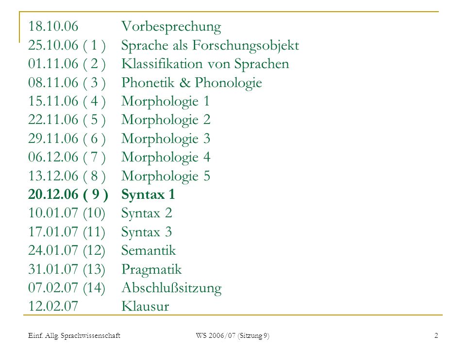 Vorbesprechung ( 1 ) Sprache als Forschungsobjekt ( 2 ) Klassifikation von Sprachen ( 3 ) Phonetik & Phonologie ( 4 ) Morphologie ( 5 ) Morphologie ( 6 ) Morphologie ( 7 ) Morphologie ( 8 ) Morphologie ( 9 ) Syntax (10) Syntax (11) Syntax (12) Semantik (13) Pragmatik (14) Abschlußsitzung Klausur