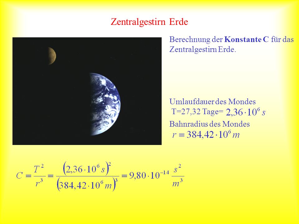 Zentralgestirn Erde Berechnung der Konstante C für das Zentralgestirn Erde. Umlaufdauer des Mondes.