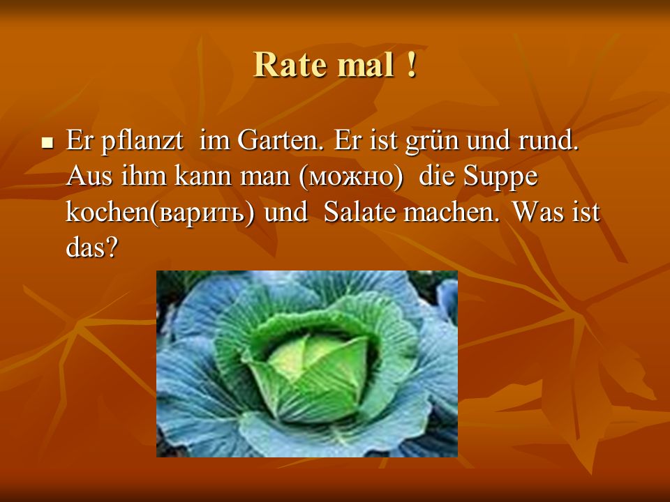 Rate mal . Er pflanzt im Garten. Er ist grün und rund.