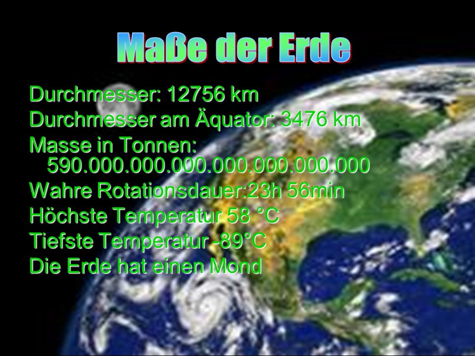 Maße der Erde Durchmesser: km Durchmesser am Äquator: 3476 km