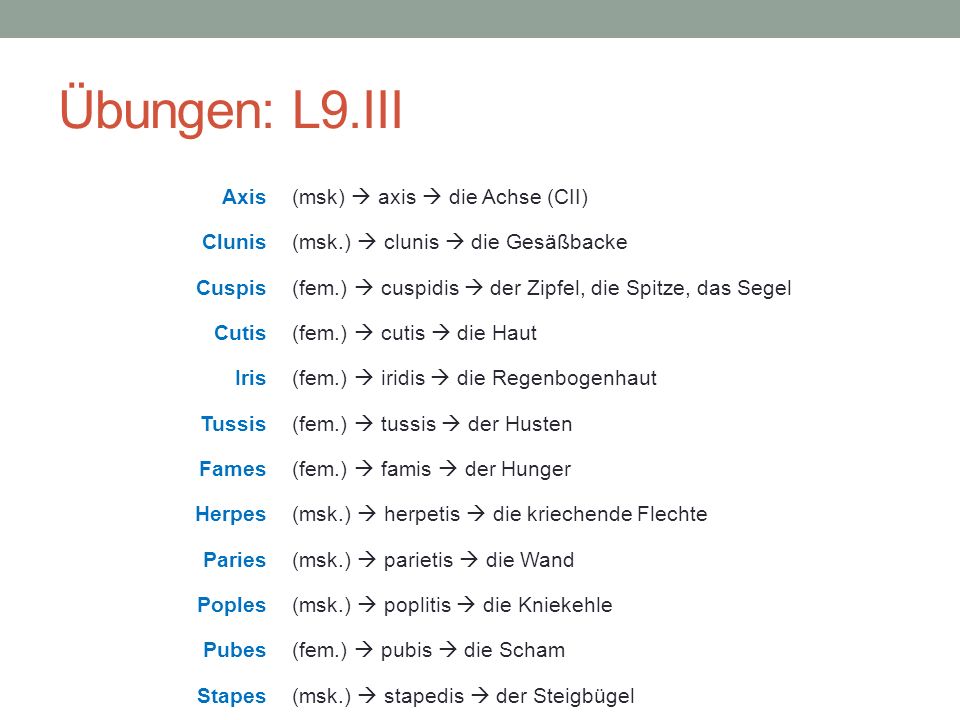 Übungen: L9.III Axis Clunis Cuspis Cutis Iris Tussis Fames Herpes Paries Poples Pubes Stapes (msk)  axis  die Achse (CII)