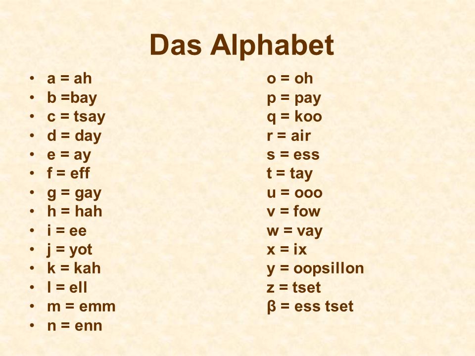 Das Alphabet a = ah o = oh b =bay p = pay c = tsay q = koo
